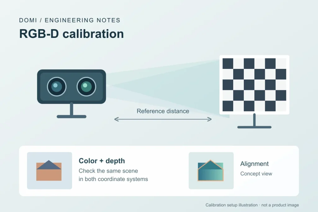 Concept diagram of an RGB-D camera viewing a checkerboard reference, with color and depth views for alignment checks.