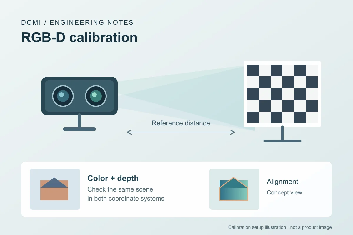 Concept diagram of an RGB-D camera viewing a checkerboard reference, with color and depth views for alignment checks.