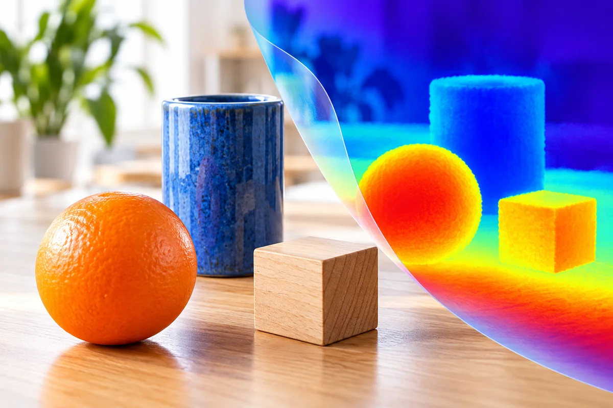 Illustrative RGB scene with an orange, a blue cylinder and a wooden cube alongside a false-color depth layer.