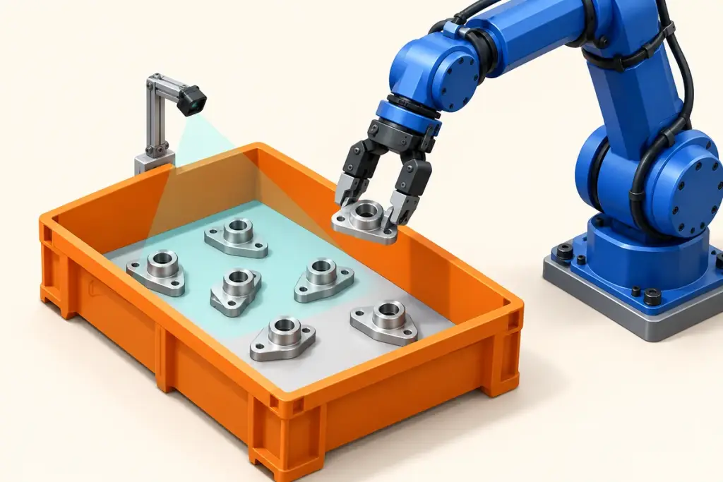 Blue robot gripper lifting a metal part from an orange tray beside a compact depth camera and a pale cyan sensing overlay.