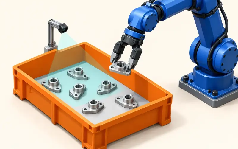 Blue robot gripper lifting a metal part from an orange tray beside a compact depth camera and a pale cyan sensing overlay.