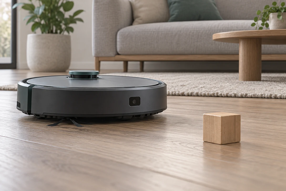 Application illustration of a robot vacuum with an integrated front sensor approaching a low obstacle.