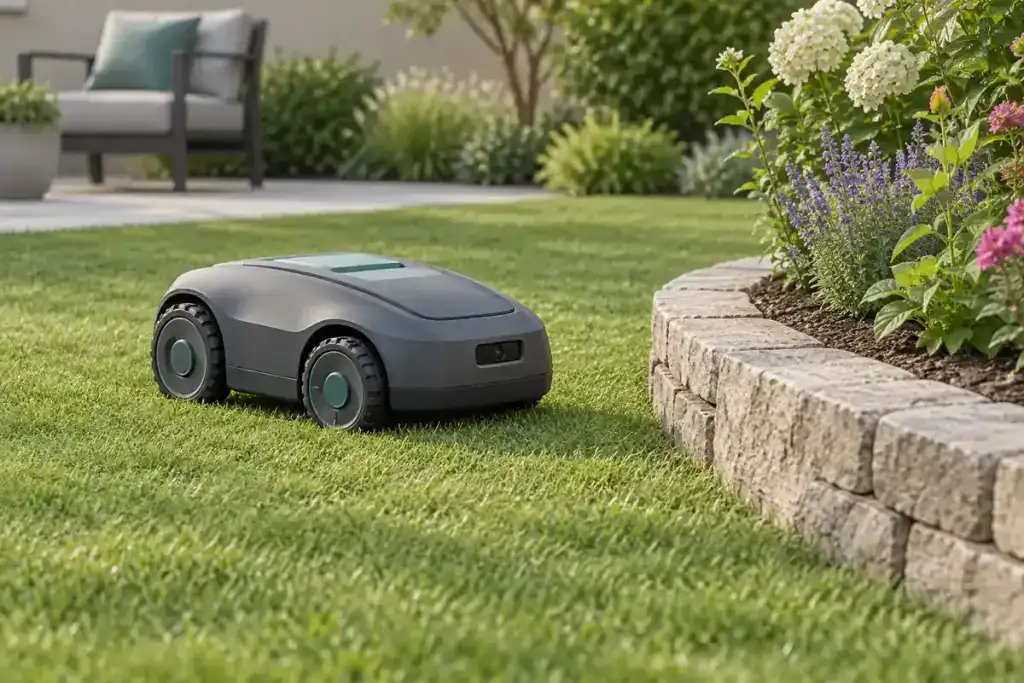 Application illustration of a robotic mower with a small front sensor facing a garden border.