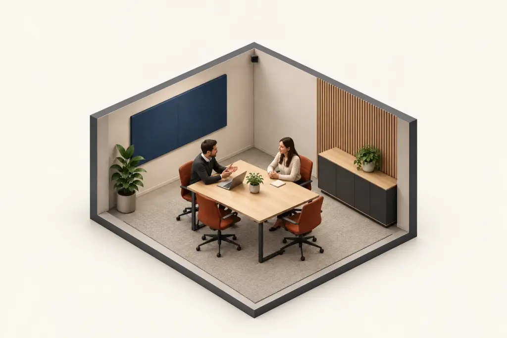 Application illustration of a meeting room with two occupants and a small high-mounted depth sensor.