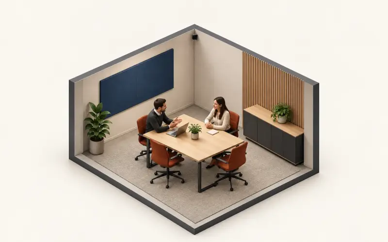 Application illustration of a meeting room with two occupants and a small high-mounted depth sensor.