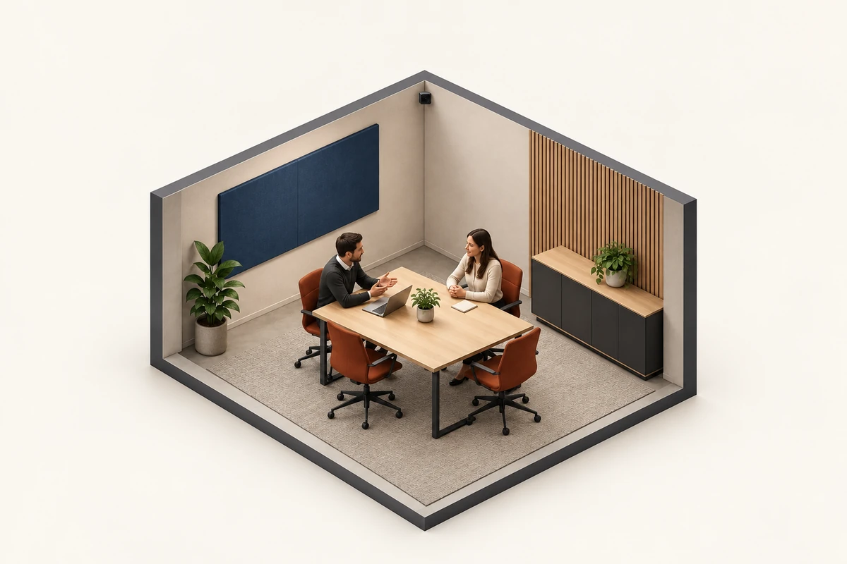 Application illustration of a meeting room with two occupants and a small high-mounted depth sensor.
