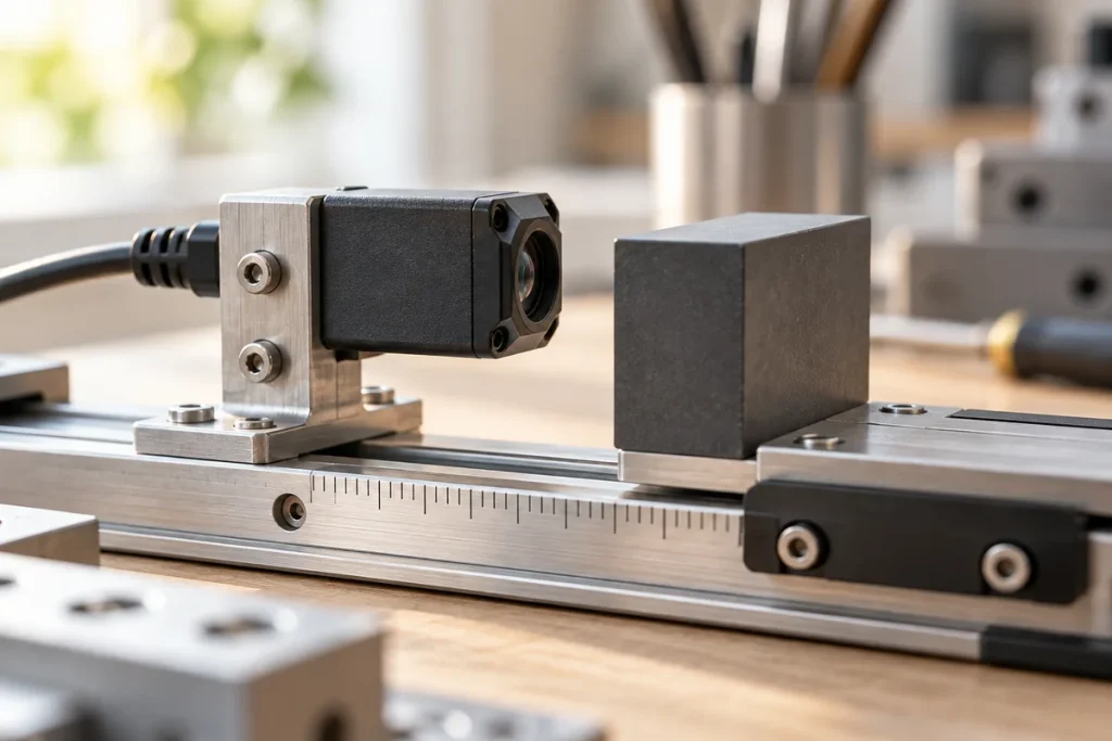 Concept scene of a generic optical distance sensor facing a nearby target block on a measurement rail.