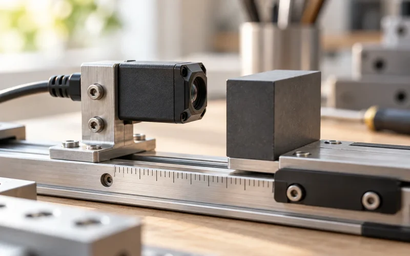 Concept scene of a generic optical distance sensor facing a nearby target block on a measurement rail.