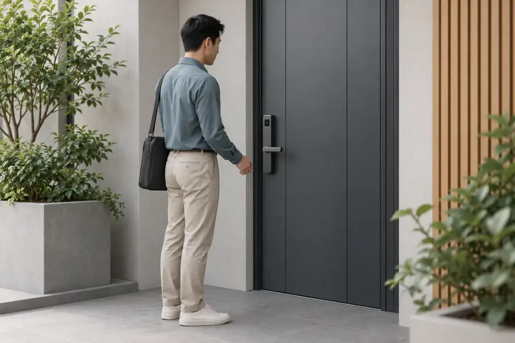 Application illustration of a person approaching a smart door lock with an integrated proximity-sensor window.