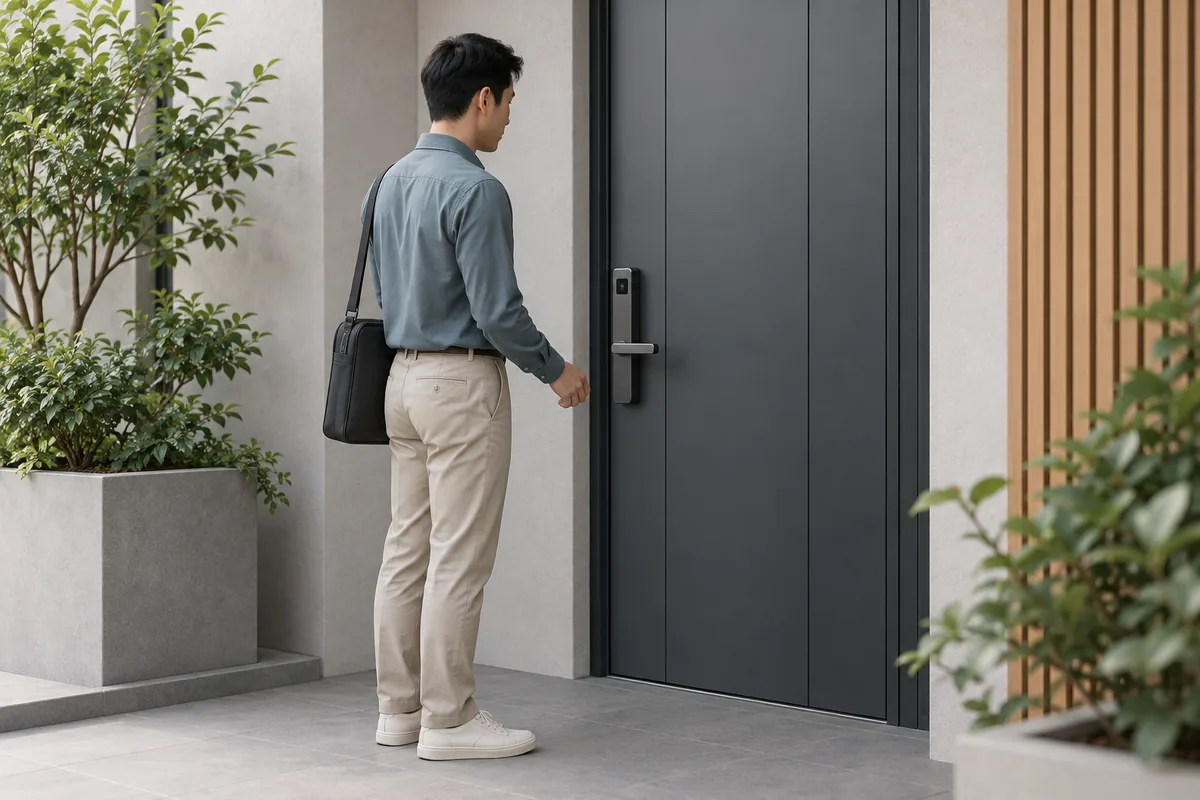 Application illustration of a person approaching a smart door lock with an integrated proximity-sensor window.