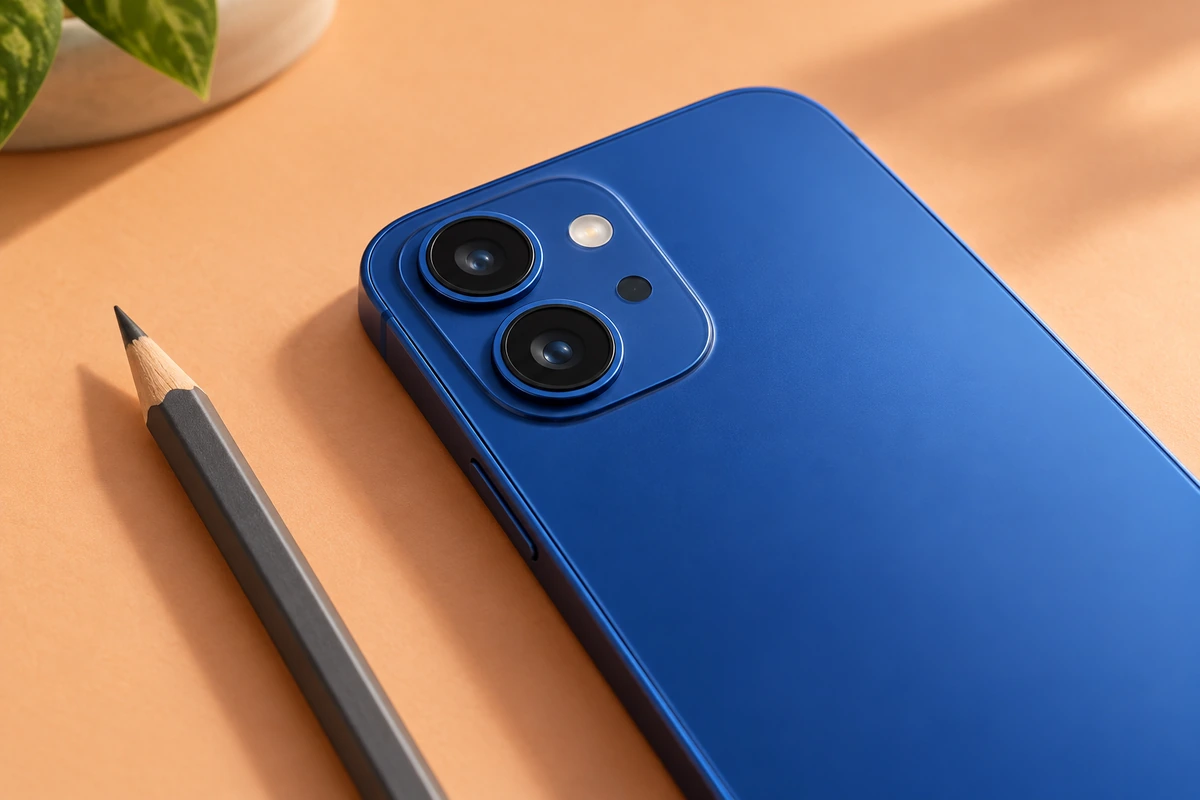 Generic blue smartphone with two rear camera lenses, a flash and a small separate depth-sensor window.