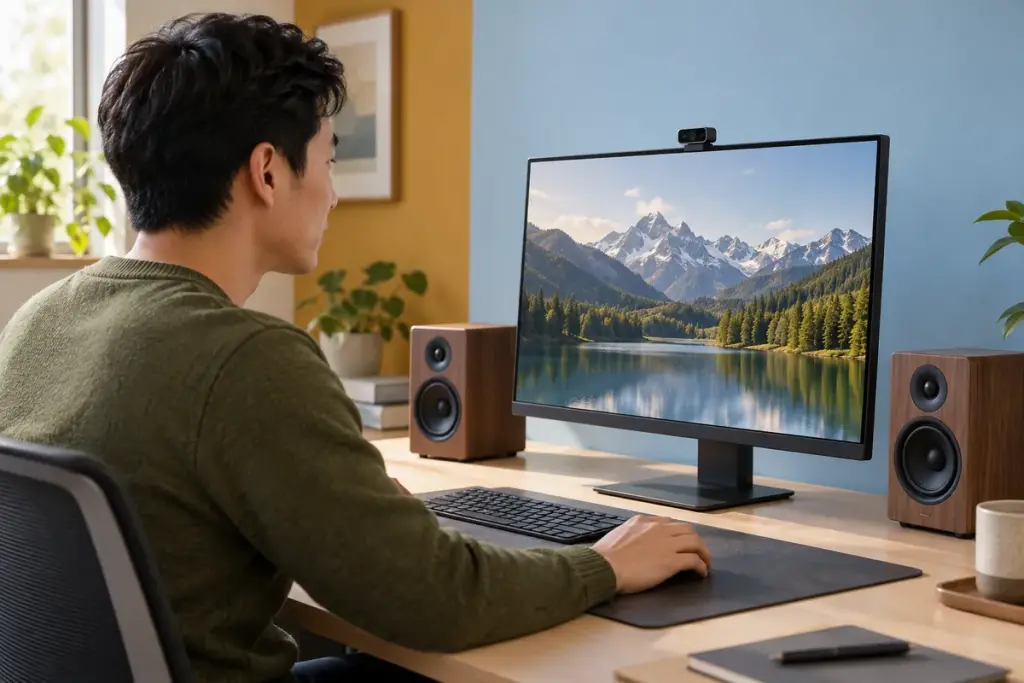 Asian listener in an olive-green sweater facing a tiny monitor-mounted camera between two wooden desktop speakers.