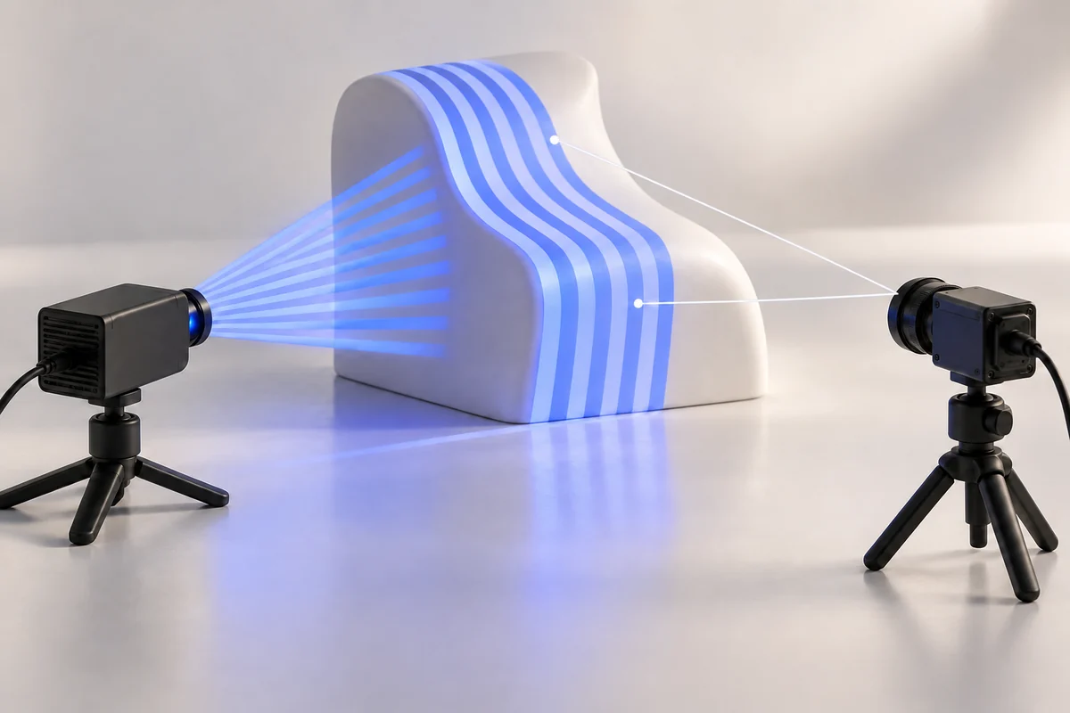 Concept illustration of a projector casting stripes on a curved target and a separate camera observing from another position.