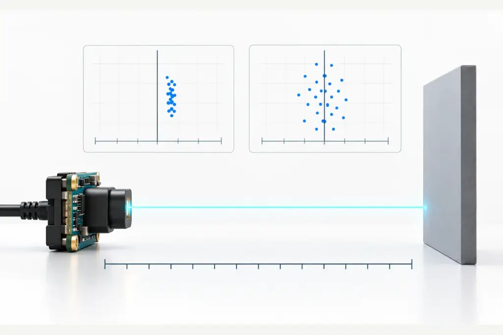 Side-view concept of a ToF camera aligned with a reference plane, with a ruler and illustrative scatter plots.