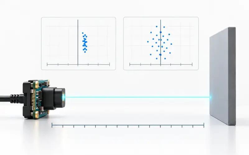 Side-view concept of a ToF camera aligned with a reference plane, with a ruler and illustrative scatter plots.
