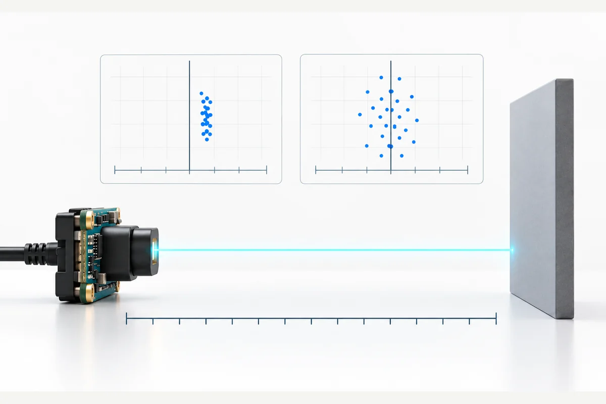 Side-view concept of a ToF camera aligned with a reference plane, with a ruler and illustrative scatter plots.