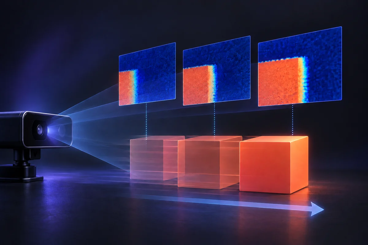 Concept sequence showing a moving cube and changing depth frames during acquisition.