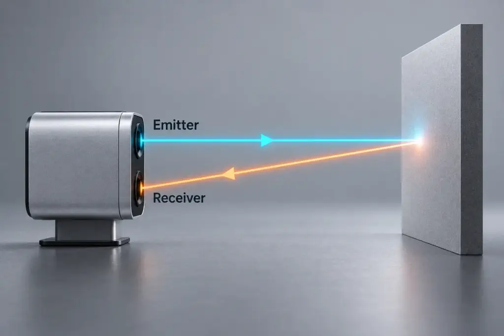 Side-view schematic of light leaving the emitter, reflecting from a matte target and entering the receiver.