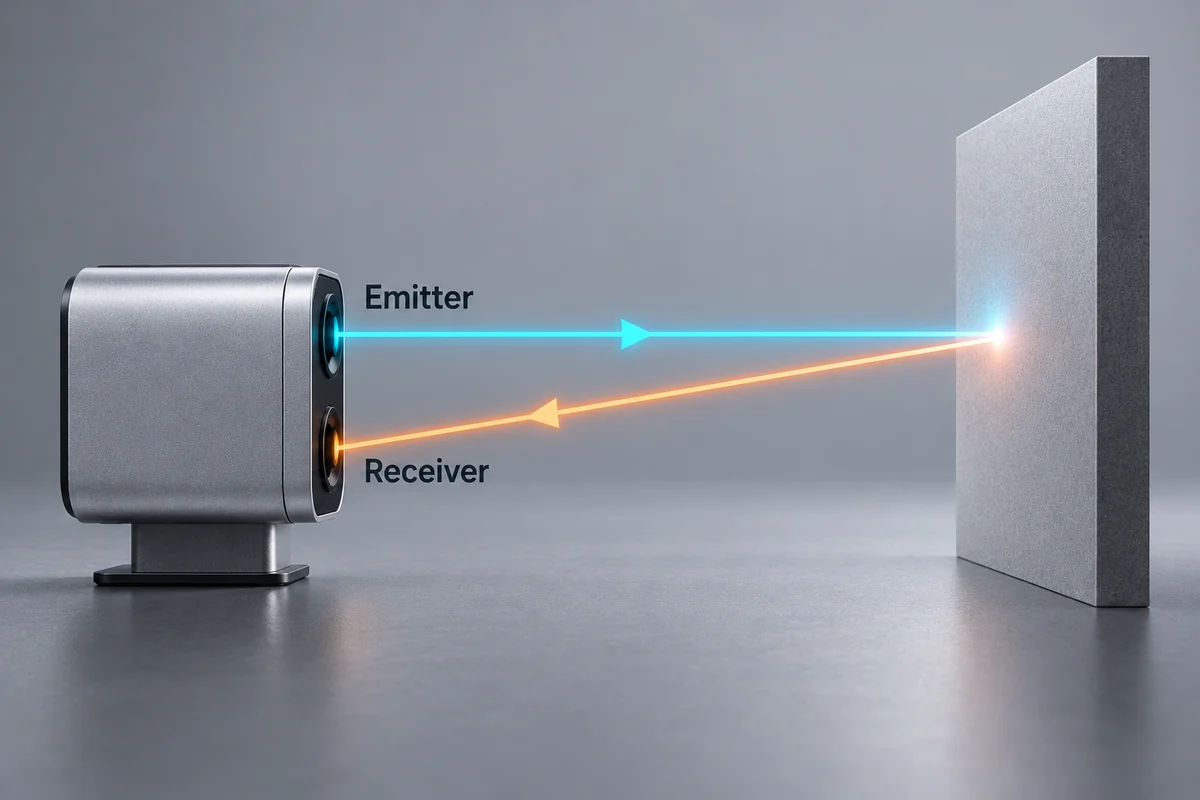Side-view schematic of light leaving the emitter, reflecting from a matte target and entering the receiver.