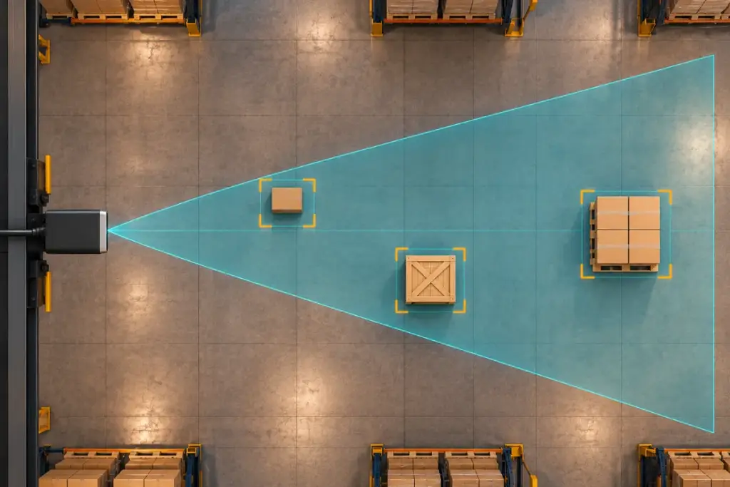 Plan-view concept of a camera facing warehouse targets at different distances within a field-of-view overlay.