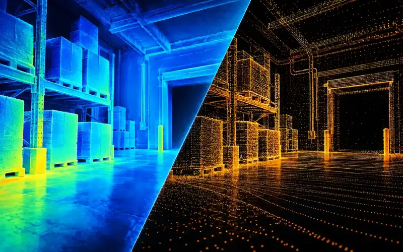 Concept visualization of warehouse geometry as a dense depth surface and discrete scan points.