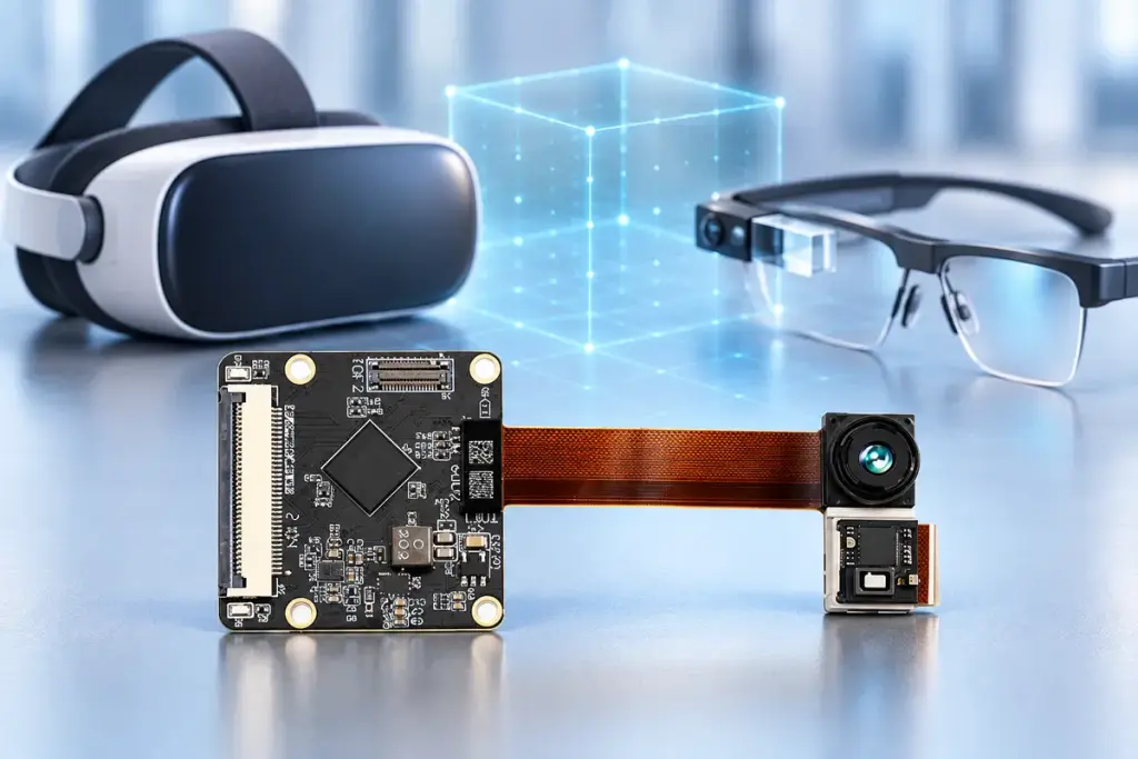DMOM2508CL ToF sensor module shown with a VR headset, AR glasses and a spatial interaction concept