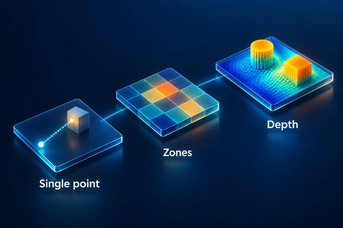 Concept illustration of single-point, multi-zone and imaging depth outputs.