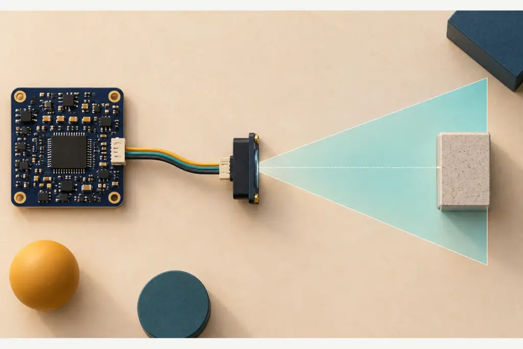 Plan-view concept of a host board connected to a ToF sensor, with its viewing region extending from the front window toward a target.