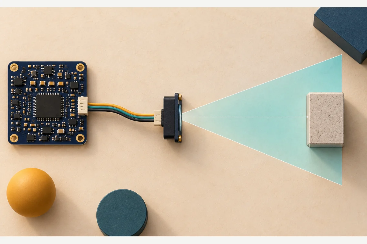 Plan-view concept of a host board connected to a ToF sensor, with its viewing region extending from the front window toward a target.