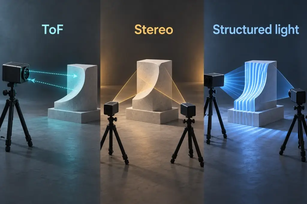 Concept comparison of ToF ranging, stereo viewing geometry and projected structured light.