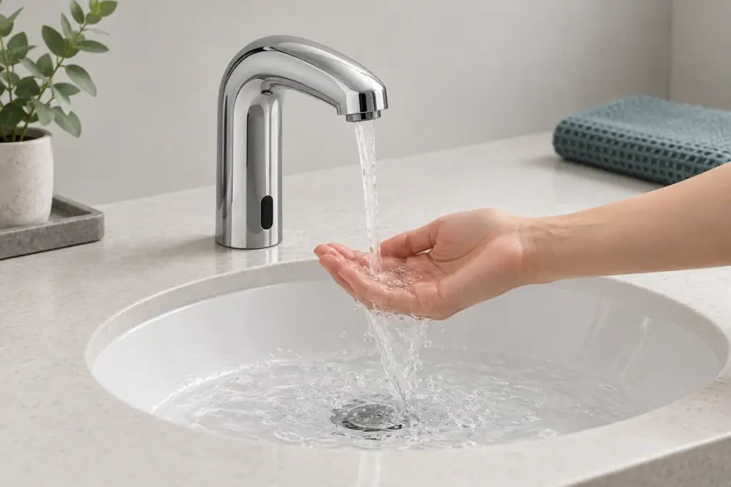 Application illustration of a touchless faucet with an integrated sensor dispensing water over a hand into a basin.