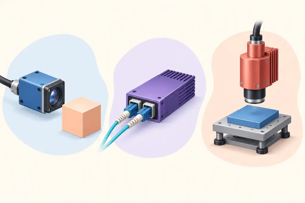 Separate blue optical sensing, purple fiber communication and coral industrial heating concepts.