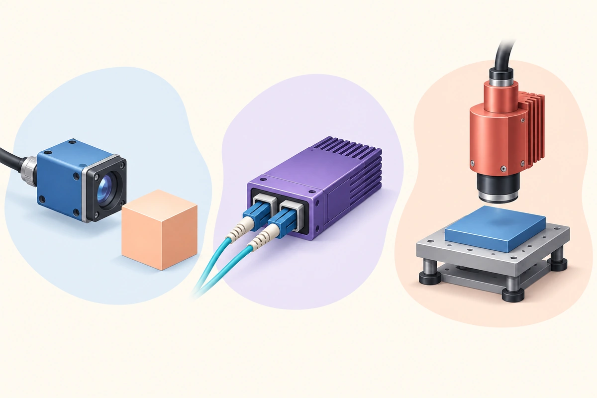 Separate blue optical sensing, purple fiber communication and coral industrial heating concepts.