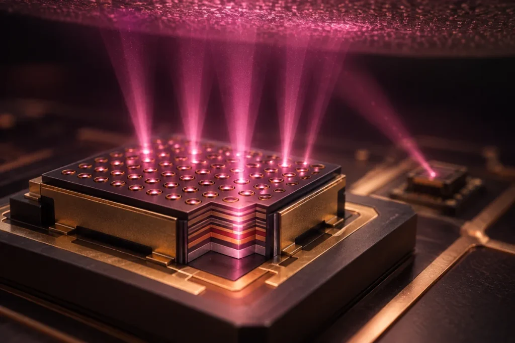 Concept cutaway of a generic VCSEL array with vertical emission illustrated in magenta.