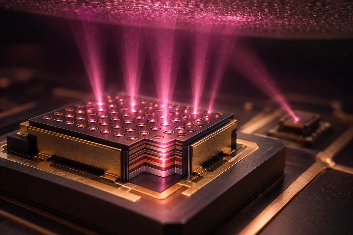 Concept cutaway of a generic VCSEL array with vertical emission illustrated in magenta.