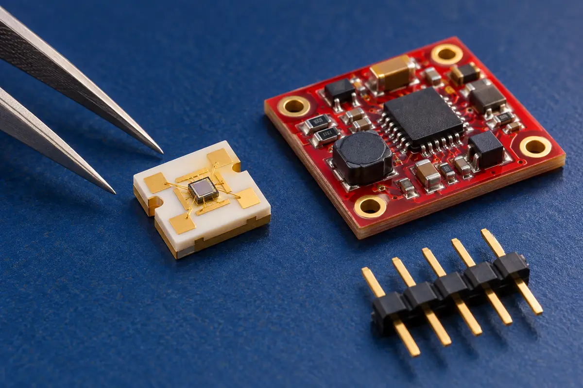 Miniature emitter die on a ceramic carrier beside a red driver board, precision tweezers and a pin header.
