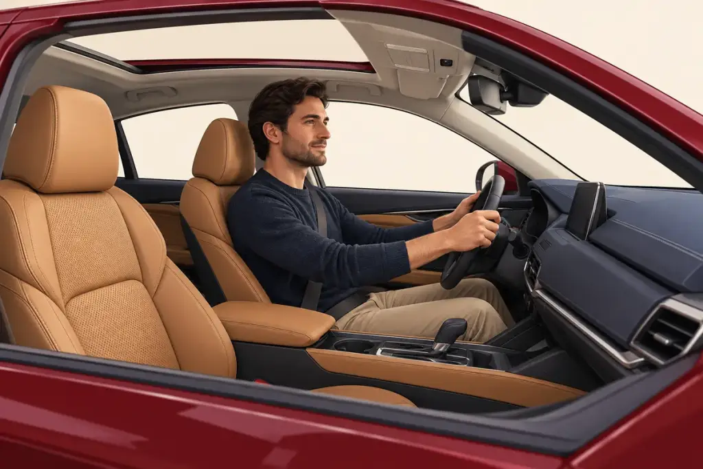 Vehicle cabin concept with tan seats and a small sensor window integrated into the overhead console above a seated driver.