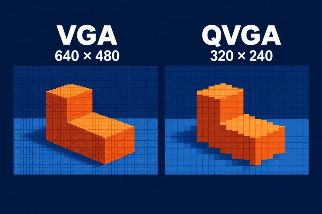 Concept comparison of fine and coarse image sampling labeled VGA 640 by 480 and QVGA 320 by 240.